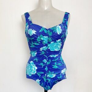 LE COVE Vintage rouched front Blue Floral Swimwear One Piece Swimsuit Size 8